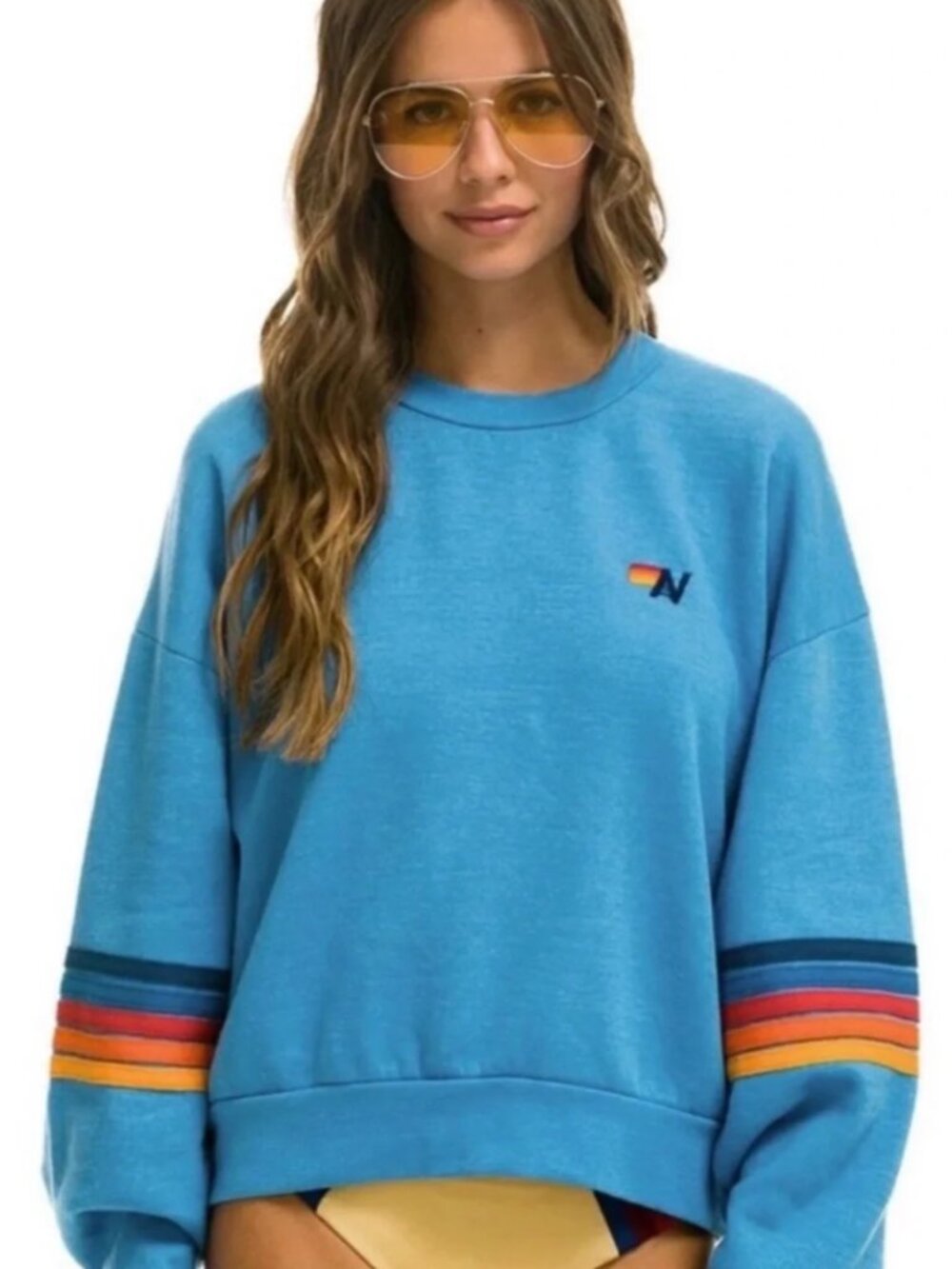 Aviator Nation Rainbow Stitch Sleeve Crew Relaxed Sweatshirt Sz S
